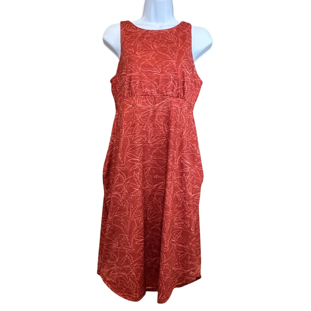 Prana Sleeveless‎ Dress M Rust Abstract Botanical Comfort GorpCore Travel Earthy
